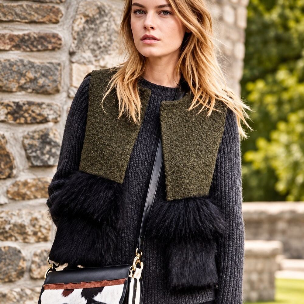 Like New Tory Burch Roseanne Mixed-Media Boucle & Real Fur Vest, Large